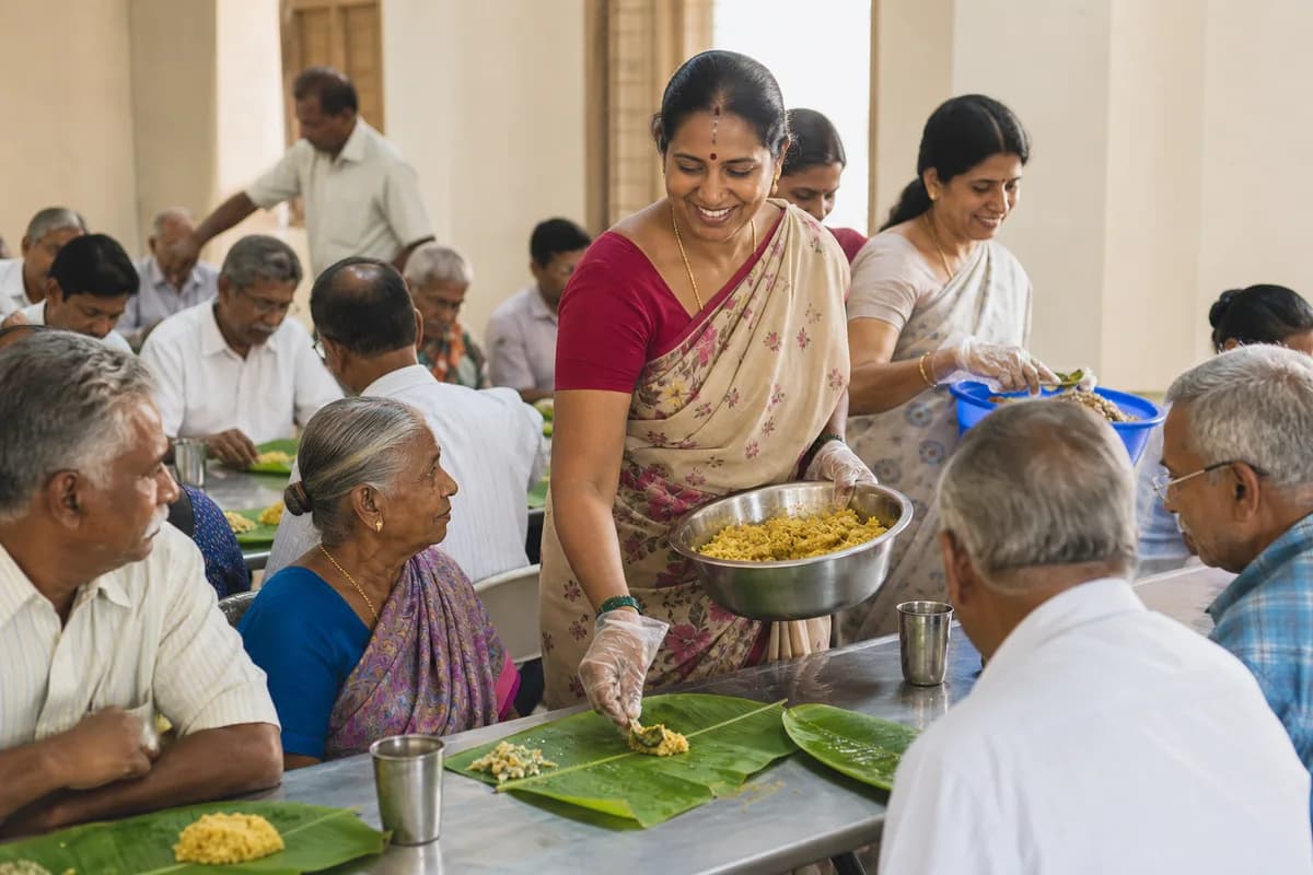 Volunteers serving a South Indian meal to older adults in a community hall.