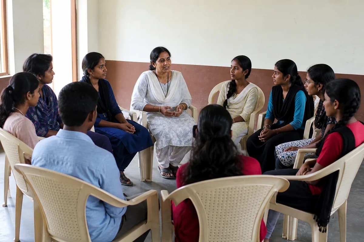 Young adults in a supportive discussion circle with a counsellor.