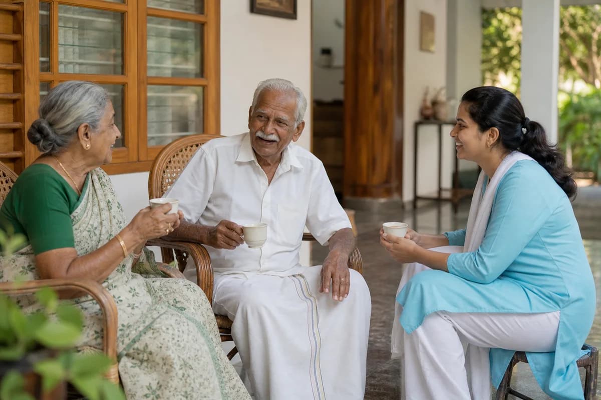 An older South Indian couple sharing tea with a younger woman on a veranda.