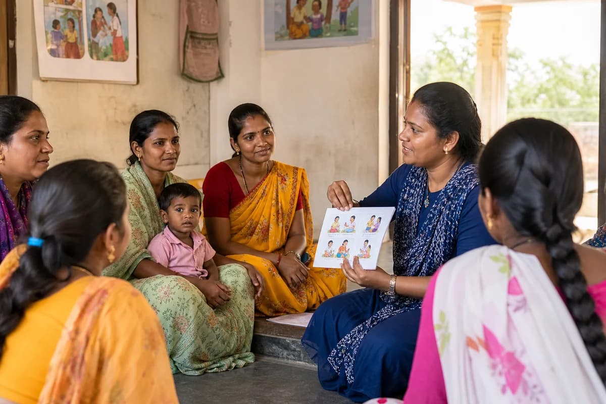 Women and parents taking part in a community rights-awareness discussion.